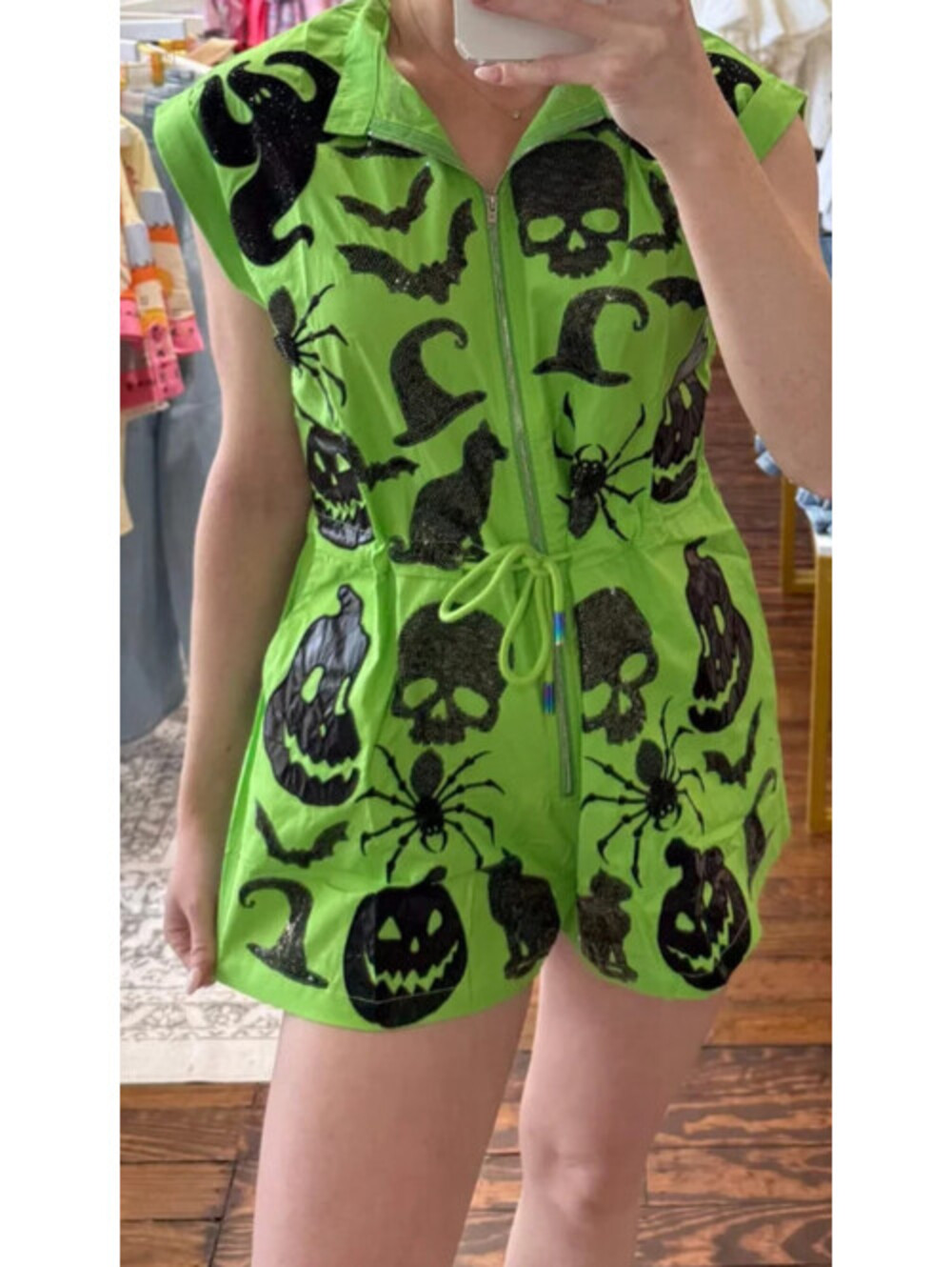 QUEEN OF SPARKLES GREEN BLACK SEQUIN HALLOWEEN ICON ZIP UP ROMPER XXL NEW